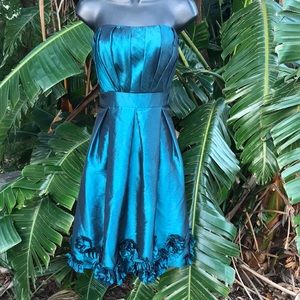 b2 Strapless chilean blue metallic dress with rosettes